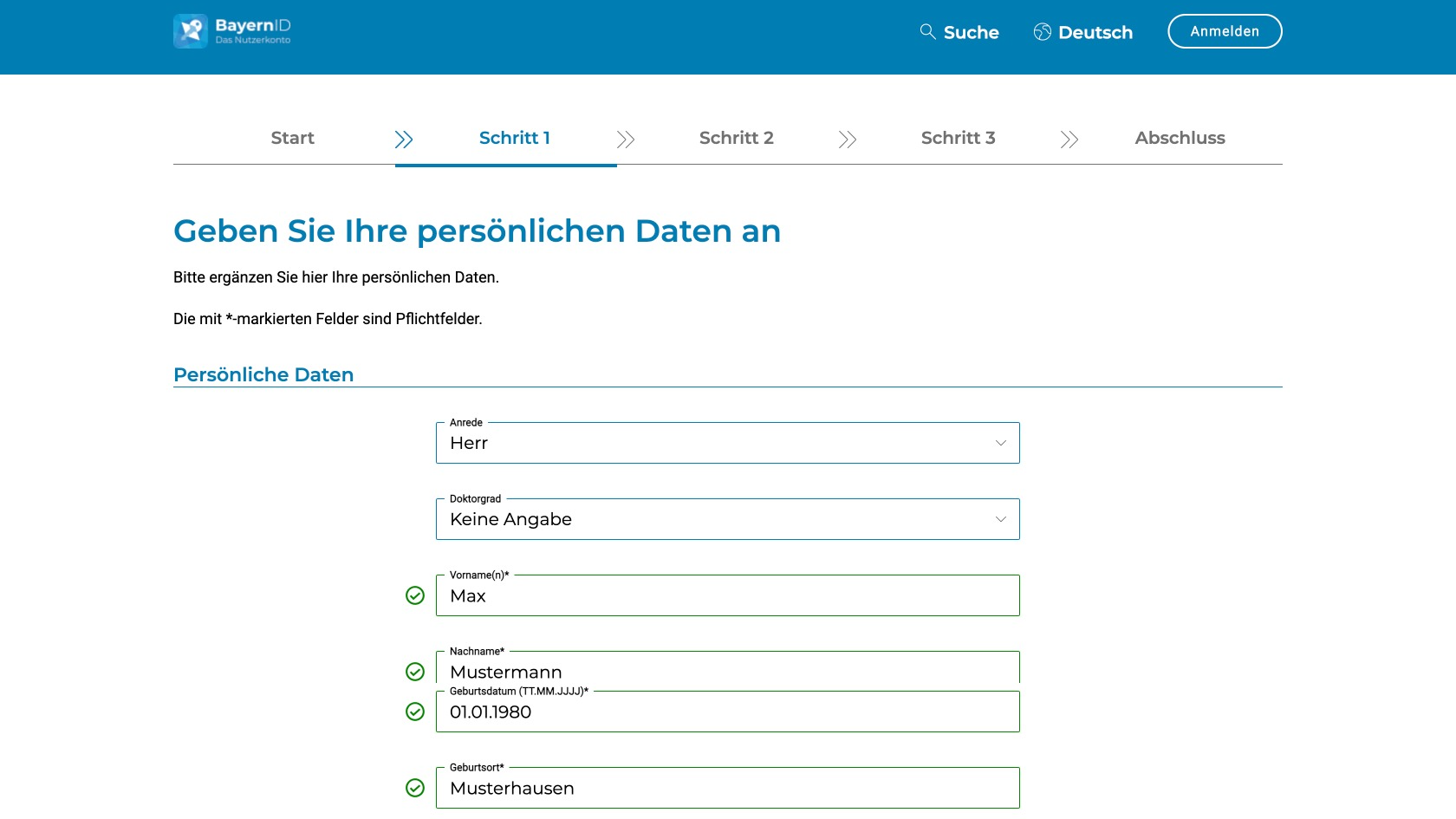                                                     Screenshot BayernID Eingabemaske persönliche Daten                                    